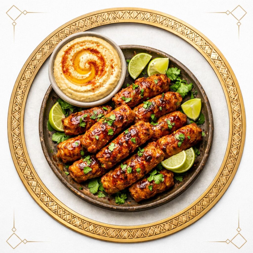 Glazed chicken mince seekh kababs with hummus and lime garnish