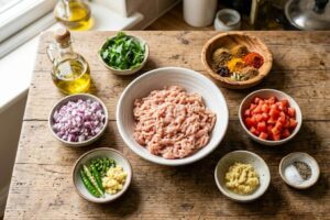 Ingredients for how to cook chicken mince at home with simple spices and fresh items