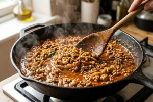 Cooking chicken mince at home step by step with spices in pan
